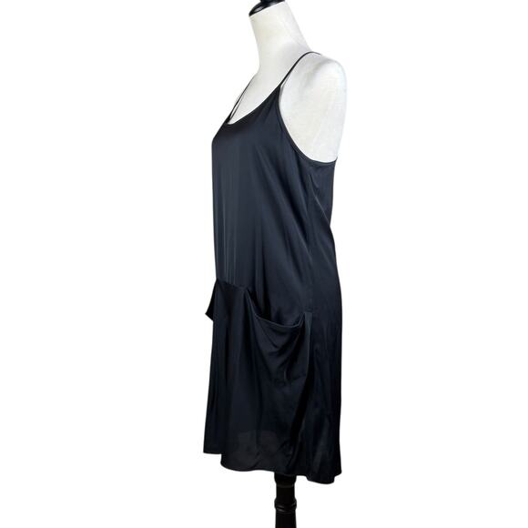 Theory Black Satin Silk Blend Draped Pockets Racerback Mini Slip Party Dress - Picture 2 of 12